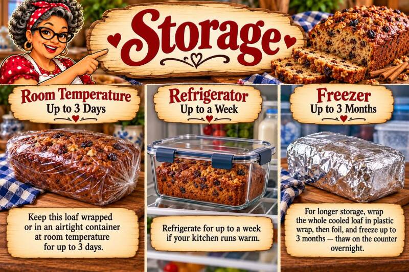Cinnamon raisin quick bread storage instructions for room temperature, refrigerator, and freezer