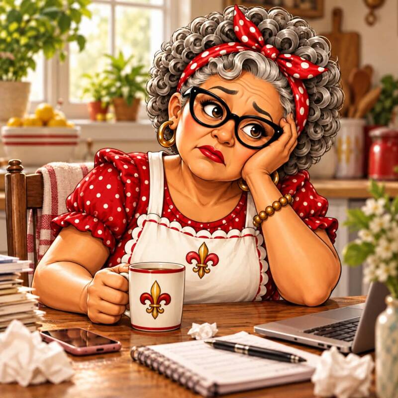 Exhausted woman at kitchen table with coffee mug, laptop, and notepad showing signs of menopause fatigue