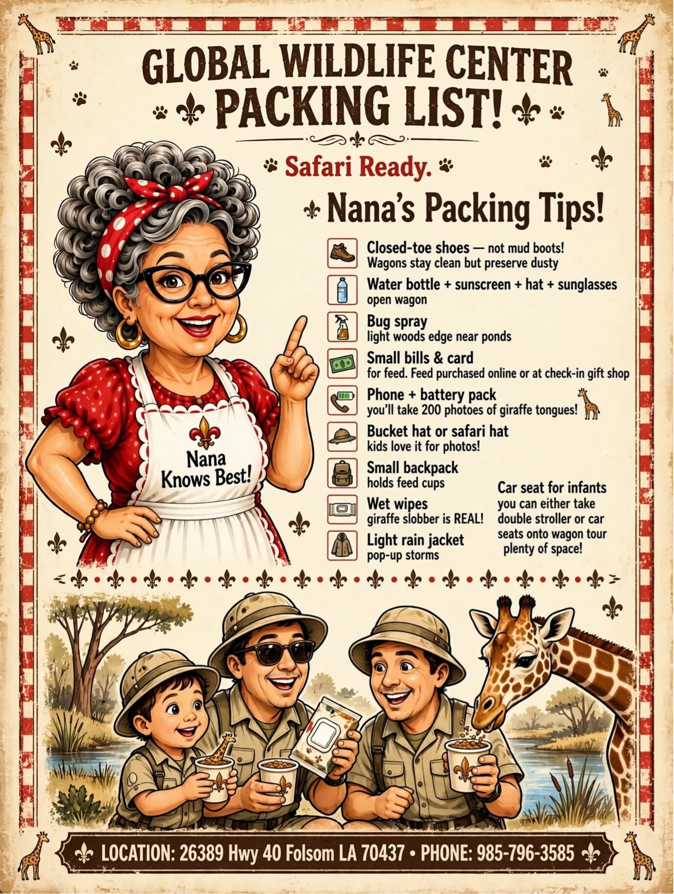 Infographic: packing list for Global Wildlife Center in Folsom, Louisiana