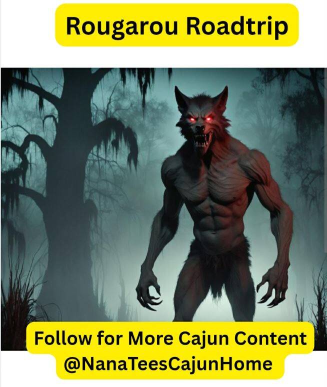 Spooky Louisiana swamp at dusk with Spanish moss and cypress trees, Rougarou Roadtrip travel series guide to haunted Cajun legends and small towns from NanaTee's Cajun Home