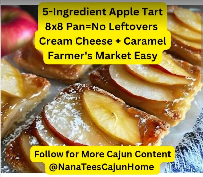 Close-up of 5-ingredient apple tart slices with flaky crust, cream cheese layer, caramel drizzle, and fanned fresh apple slices dusted with powdered sugar, easy 8x8 pan dessert from NanaTee's Cajun Home