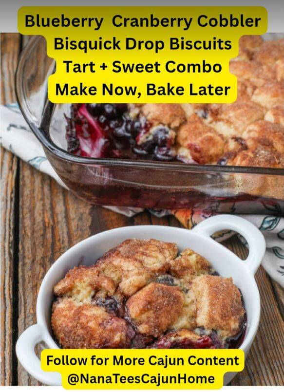 Glass baking dish and white bowl filled with bubbling blueberry cranberry cobbler topped with golden Bisquick drop biscuits dusted with cinnamon sugar, tart sweet fruit filling visible, make ahead recipe from NanaTee's Cajun Home