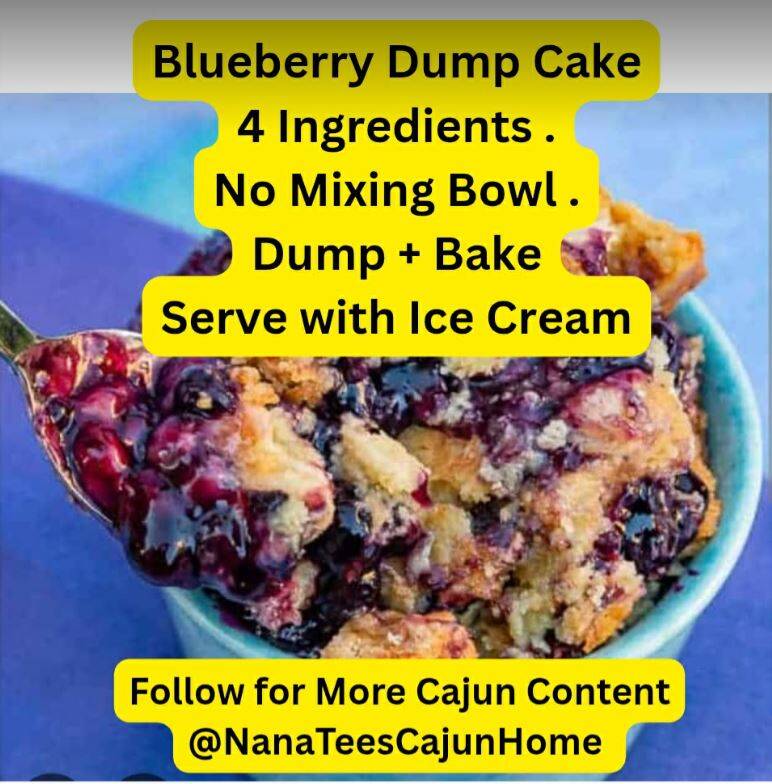 Spoonful of warm blueberry dump cake with bubbling blueberry filling and golden buttery cake mix topping in turquoise bowl, 4-ingredient no mixing bowl dessert from NanaTee's Cajun Home
