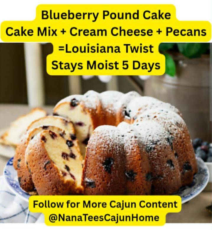 Sliced blueberry pound cake in Bundt pan showing moist yellow crumb with fresh blueberries and pecans, dusted with powdered sugar on blue and white plate, cake mix and cream cheese recipe from NanaTee's Cajun Home