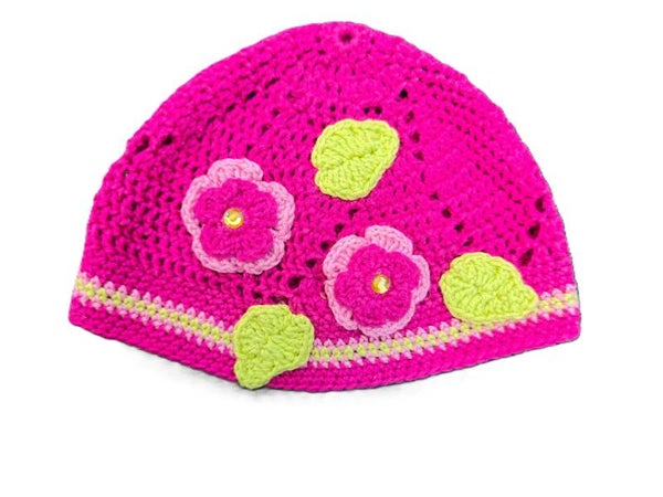 HAUBE gehäkelt pink mit Blumen