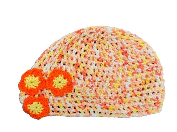 HAUBE orange/gelb gemustert mit Blumen gehäkelt