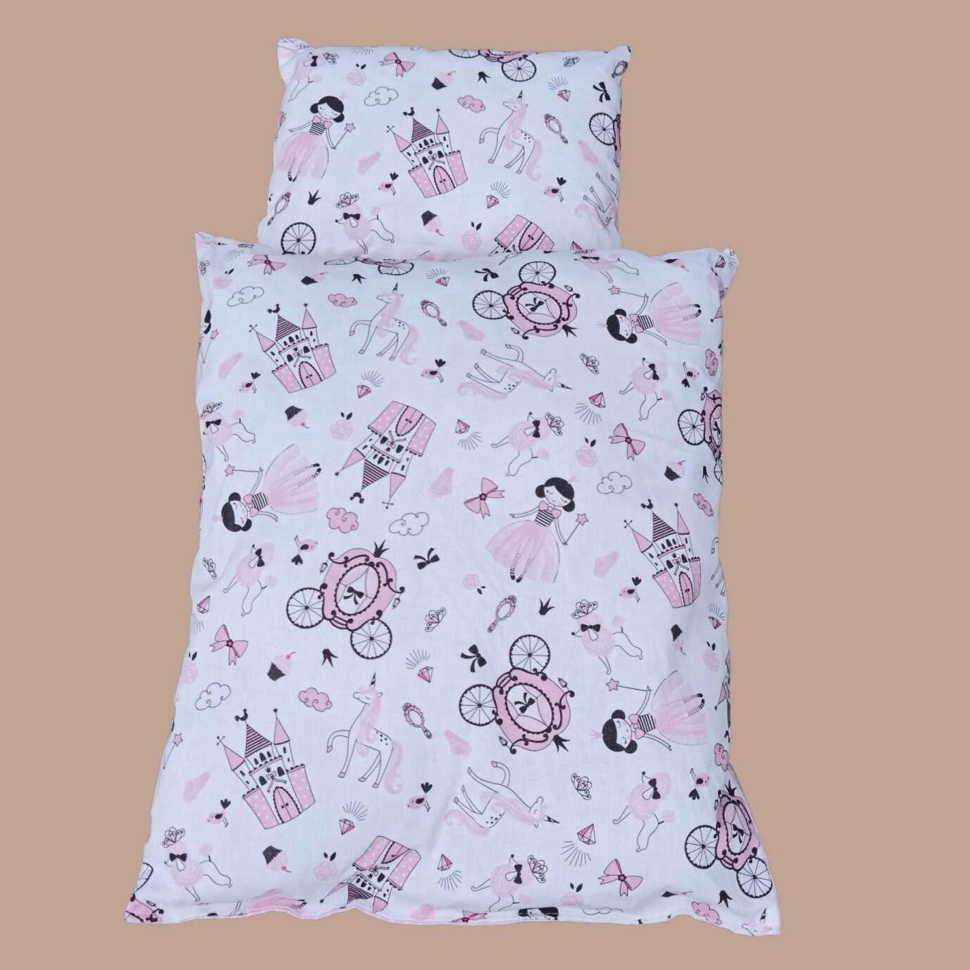 PUPPENBETTWÄSCHE Prinzessin mit Schloß/ rosa mit weißen Tupfen