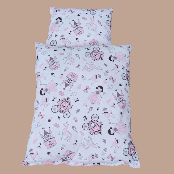 PUPPENBETTWÄSCHE Prinzessin mit Schloß/ rosa mit weißen Tupfen