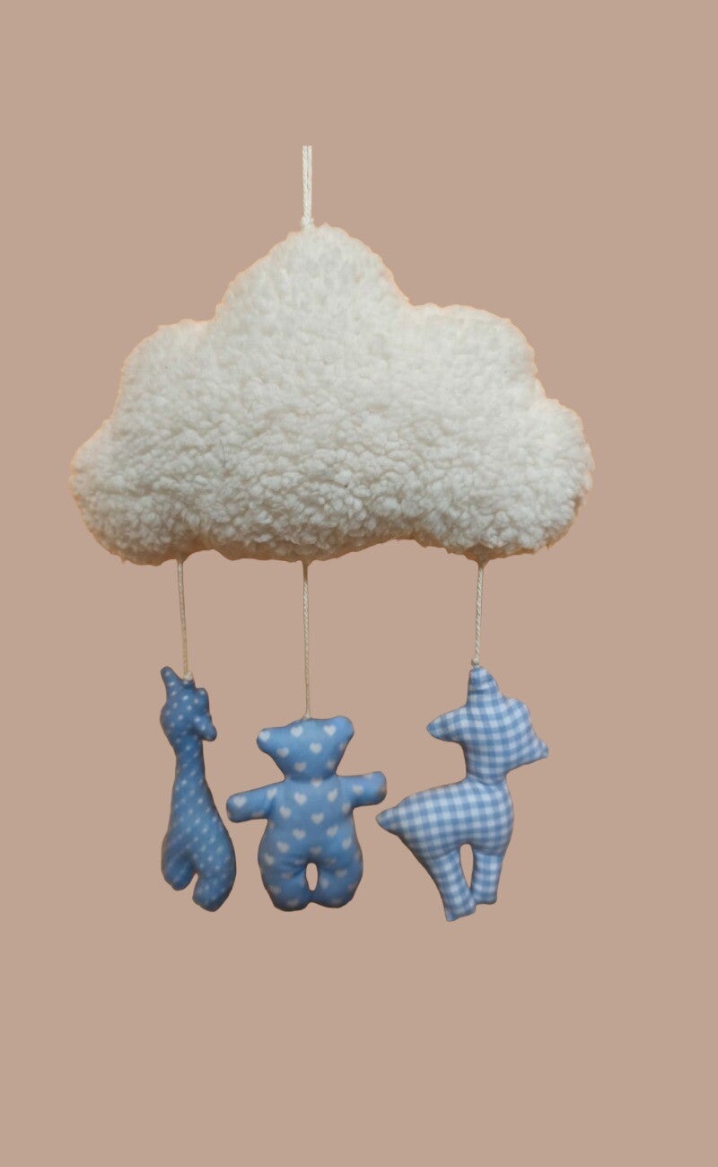 MOBILE   Plüschwolke mit Tieren  hellblau/weiß