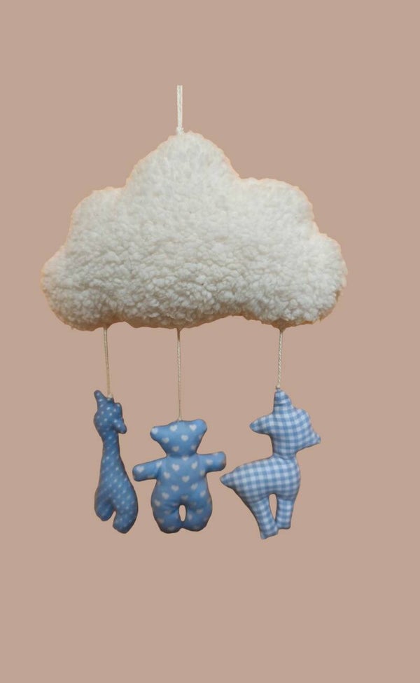 MOBILE   Plüschwolke mit Tieren  hellblau/weiß