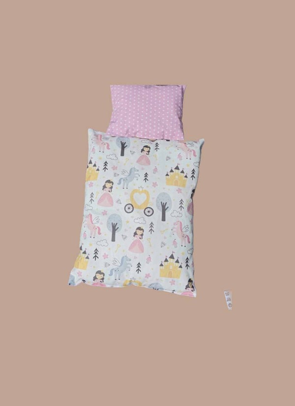 PUPPENBETTWÄSCHE Prinzessin mit Einhorn /Rosa mit weißen Herzen