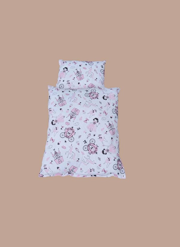 PUPPENBETTWÄSCHE Prinzessin mit Schloß/ rosa mit weißen Tupfen