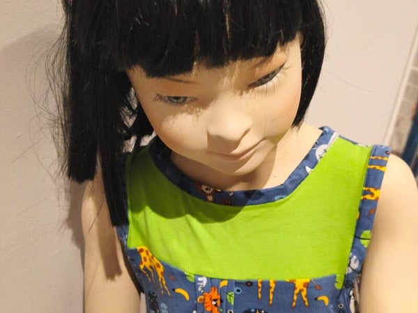 Kinderkleid Ballonschnitt Gr 5-6 Jahre Zootiere blau /gün