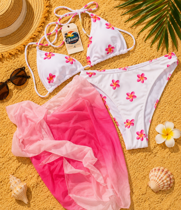 Tropical Blossom Bikini Set with Ombre Sarong