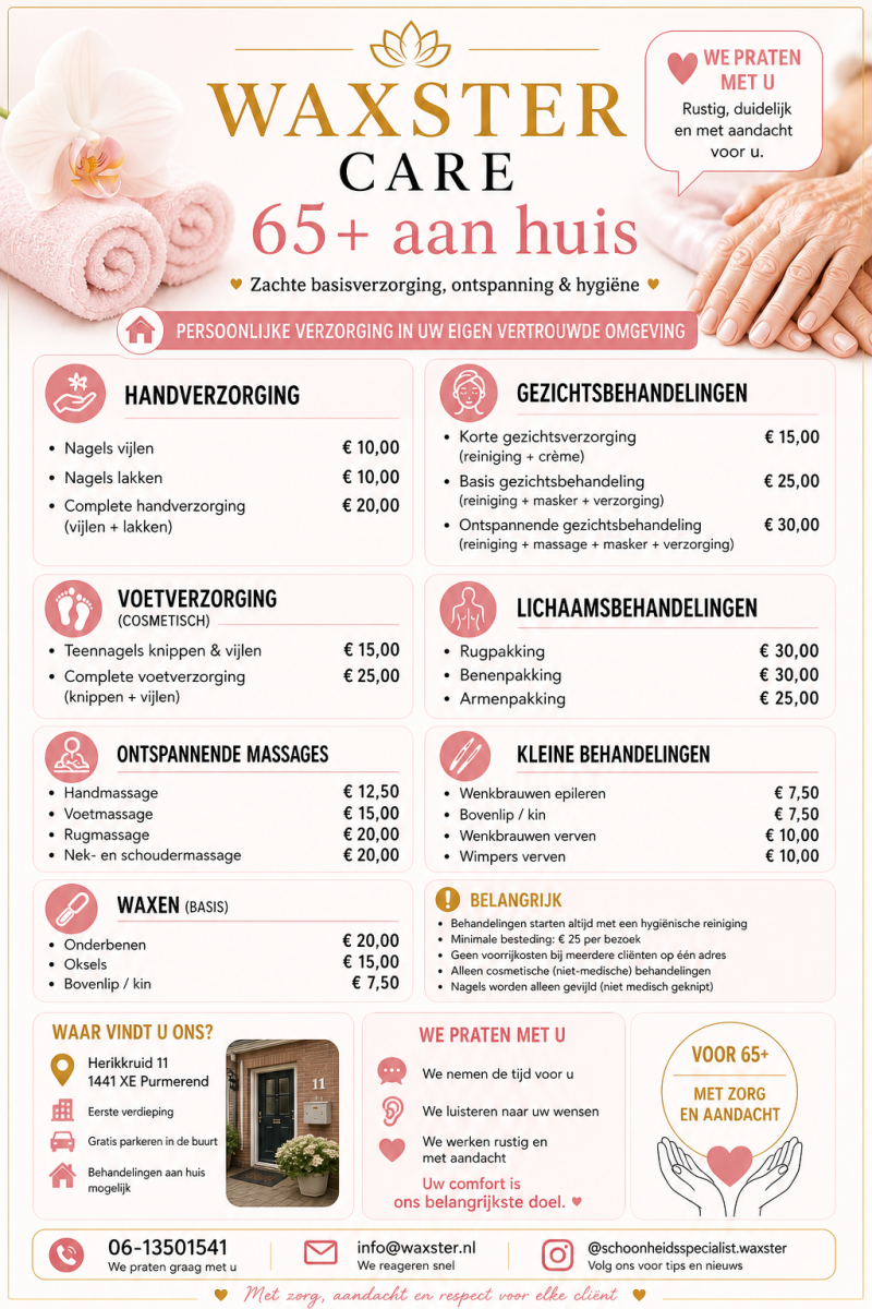 LET OP!  Dit is een aangepaste prijzenlijst ALLEEN voor 65+ ♡  Ook aan huis of verzorgingshuizen. 