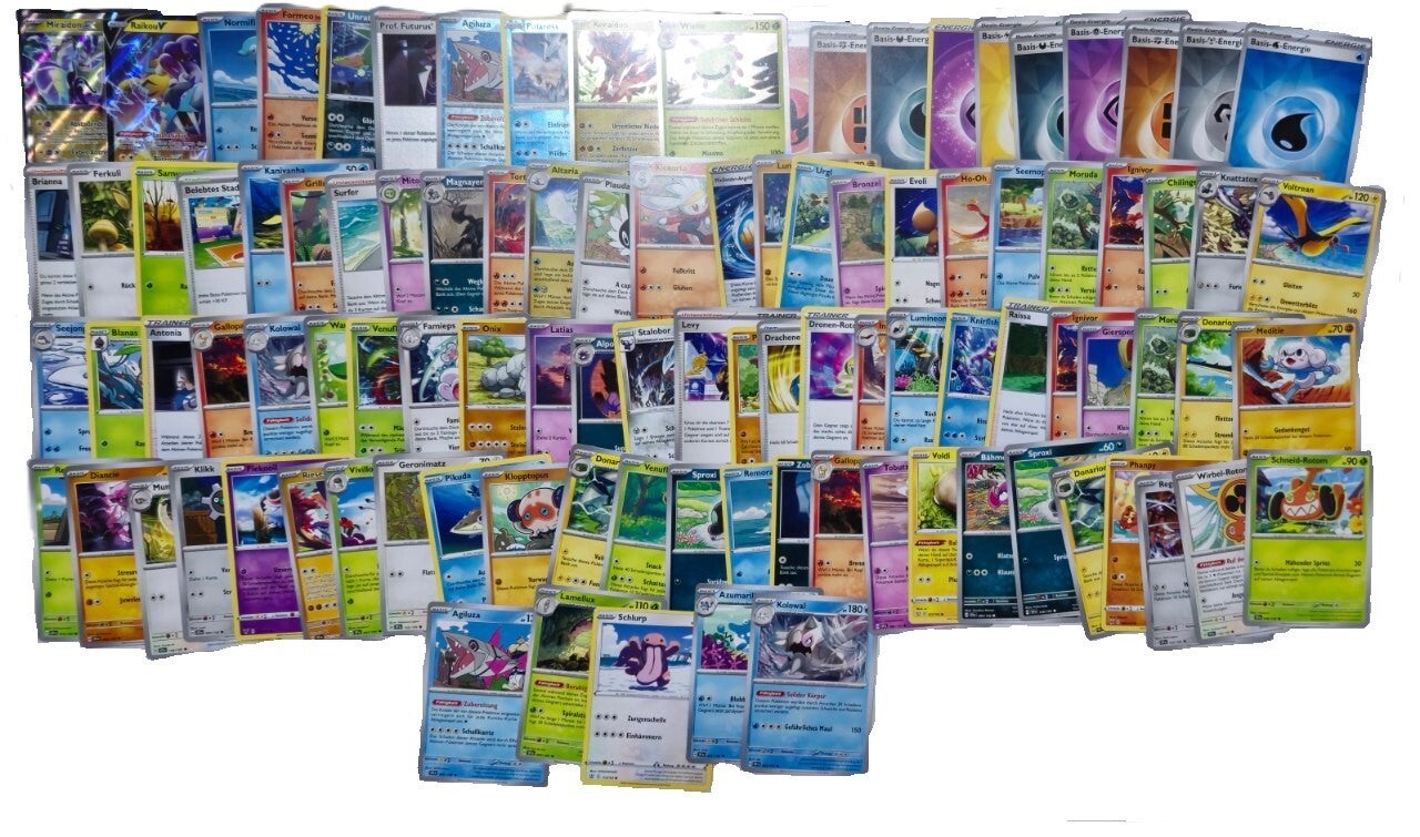100 verschiedene Pokémon Karten inkl. 10x Holos / Reverse Holos & 2x Ex / V