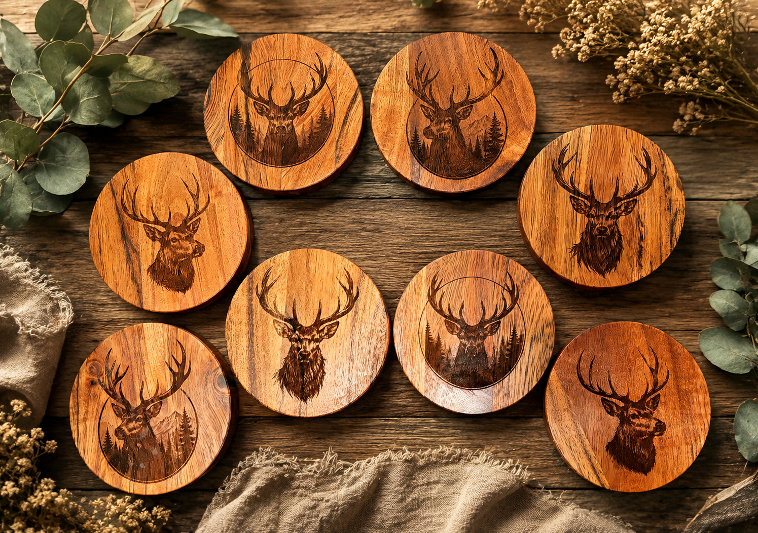Rustic Stag Timber Coaster Set