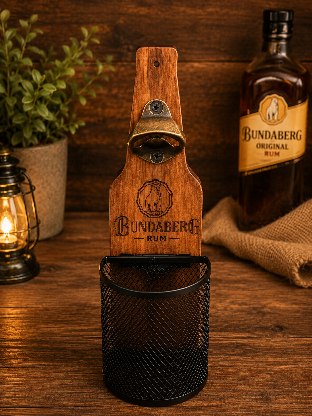 Rustic Wall-Mounted Bottle Opener with Cap Catcher