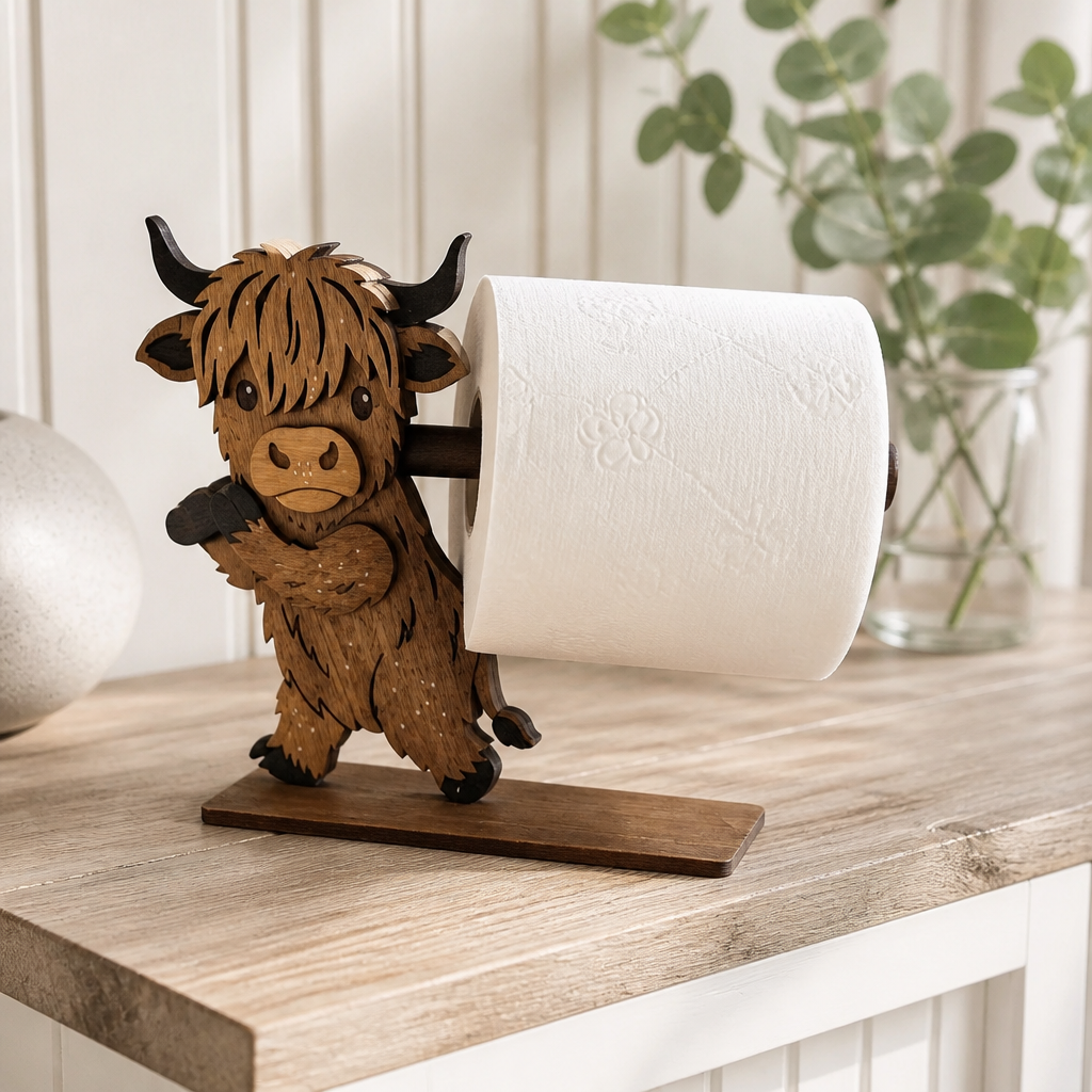 Toilettenpapierhalter „Highland Cattle / Hochlandrind“ aus Holz – ca. 20 cm hoch