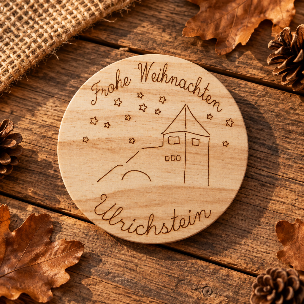 Holz-Untersatz 10 × 10 cm – individuell mit Ortsnamen & Wappen