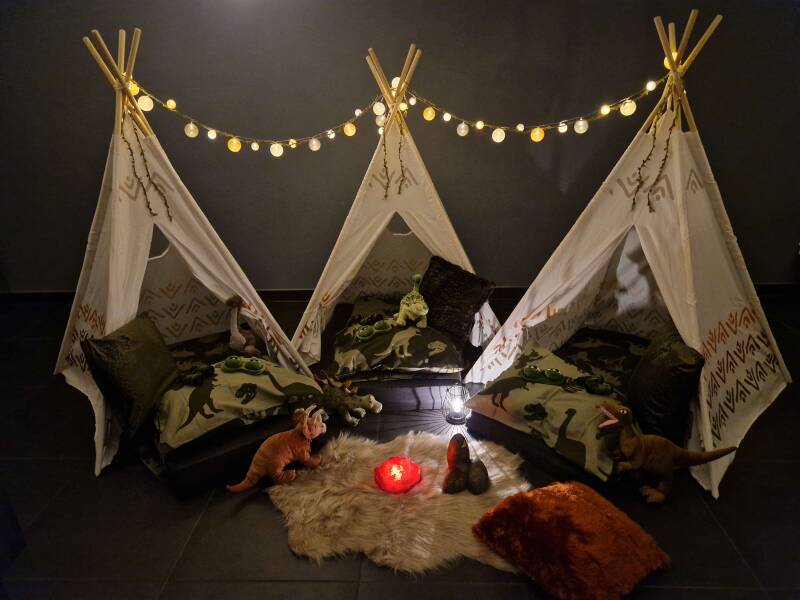 Slaapfeestje tipi thema Dino Fever by night