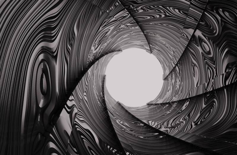 Schwarz-weiße 3D-Ansicht eines Kameraverschlusses mit spiralförmigen Lamellen und hellem Zentrum, im Kontext mit Jenseitskontakte Jana Lorenz - Podcast.