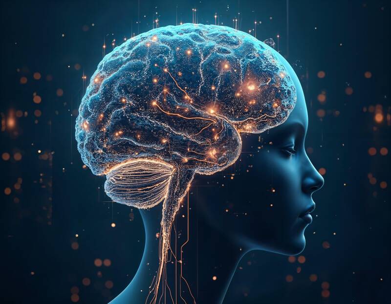 Leuchtendes digitales Gehirn mit neuronalen Verbindungen in einem stilisierten menschlichen Kopf vor dunklem Hintergrund, im Kontext mit Jenseitskontakte Jana Lorenz - Podcast.