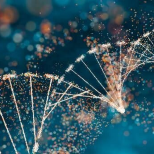 Leuchtende, abstrakte Darstellung einer DNA-Doppelhelix aus vielen kleinen Partikeln vor dunklem Hintergrund, im Kontext mit Jenseitskontakte Jana Lorenz - Podcast.