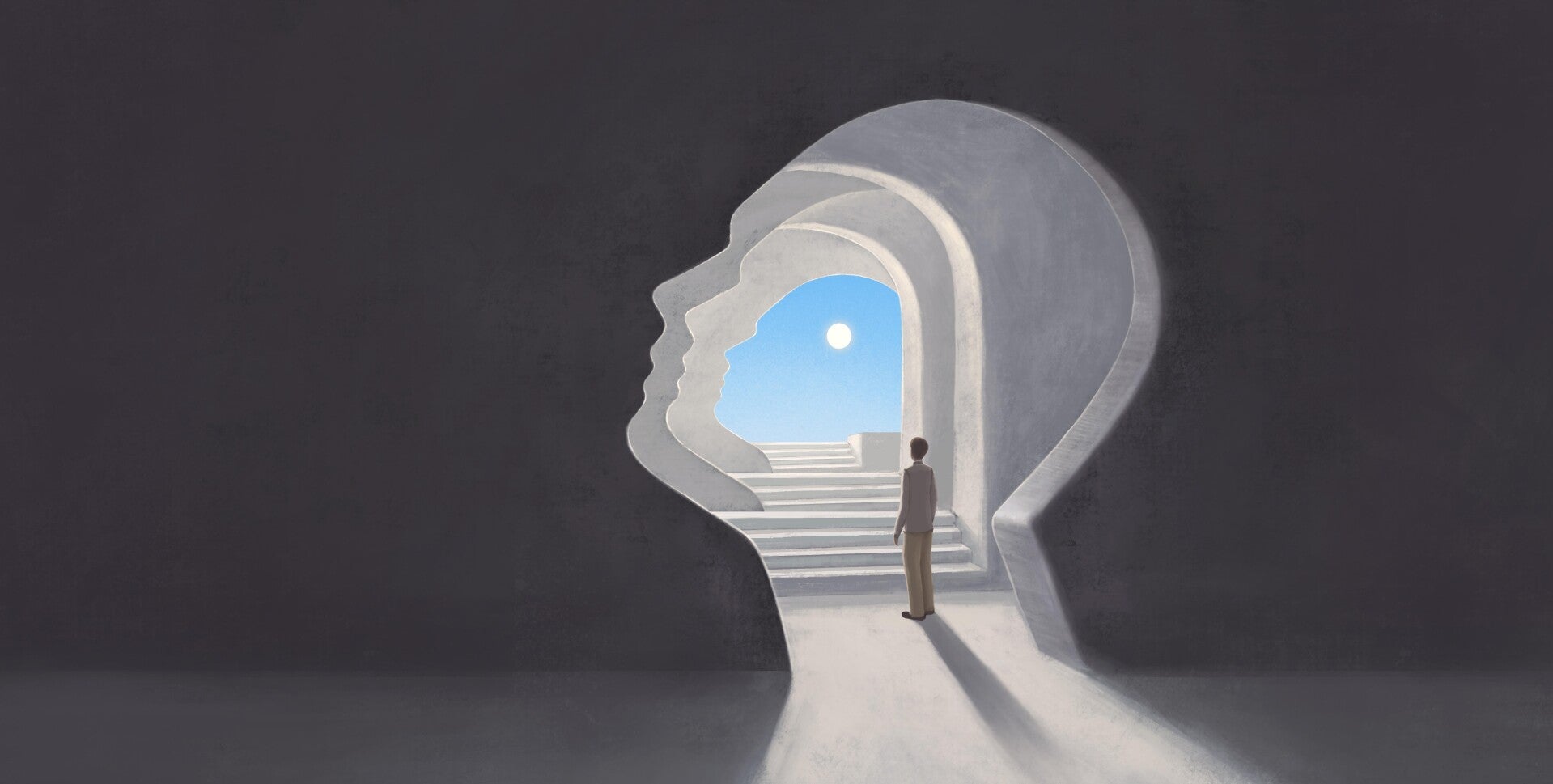 Person steht vor einer Treppe, die durch mehrere sich überlagernde, kopfförmige Durchgänge zu einem hellen Himmel mit Sonne führt, im Kontext mit Jenseitskontakte Jana Lorenz - Podcast.