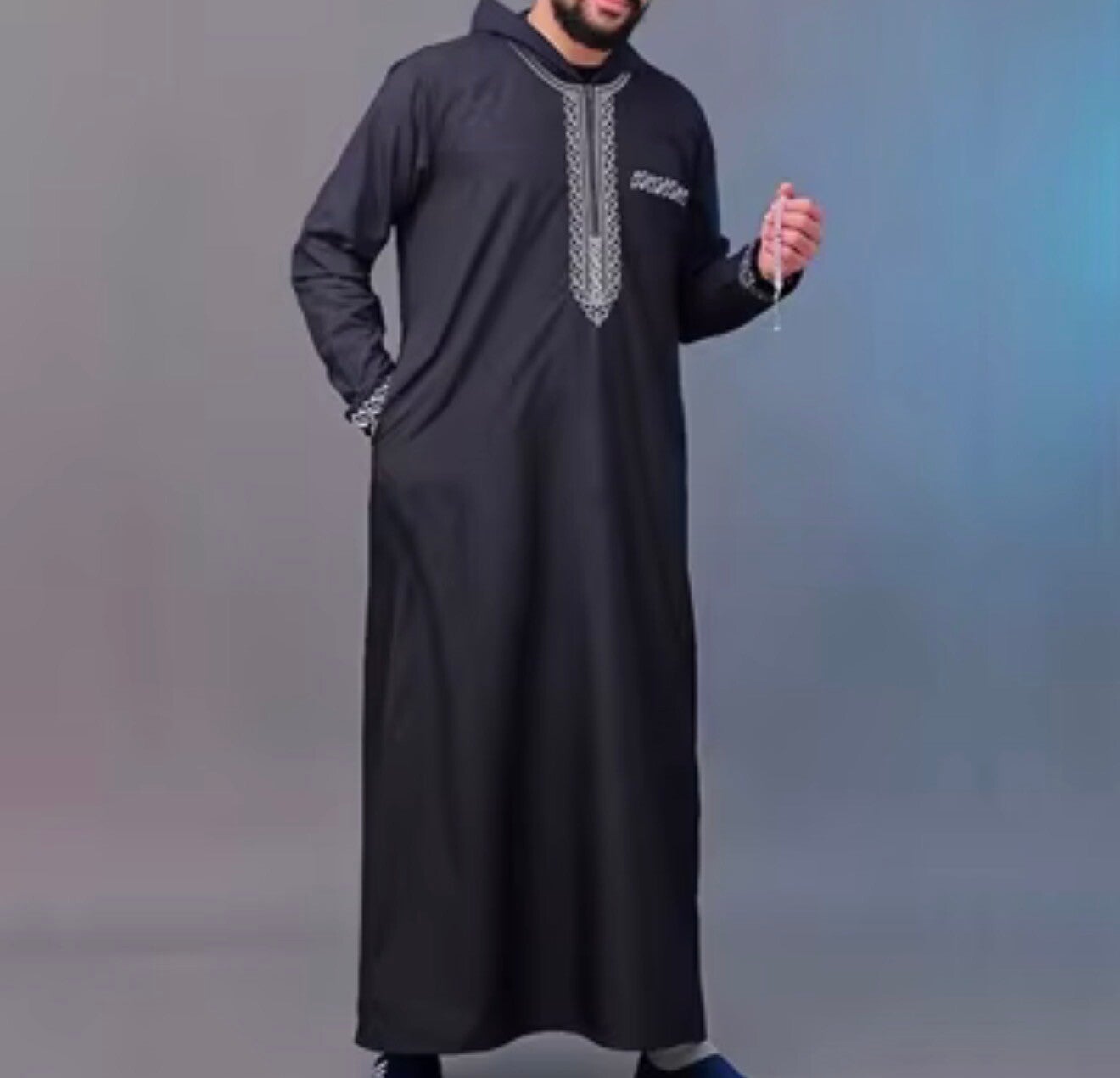 Embroidery Moroccan Hooded Black Men Thobe