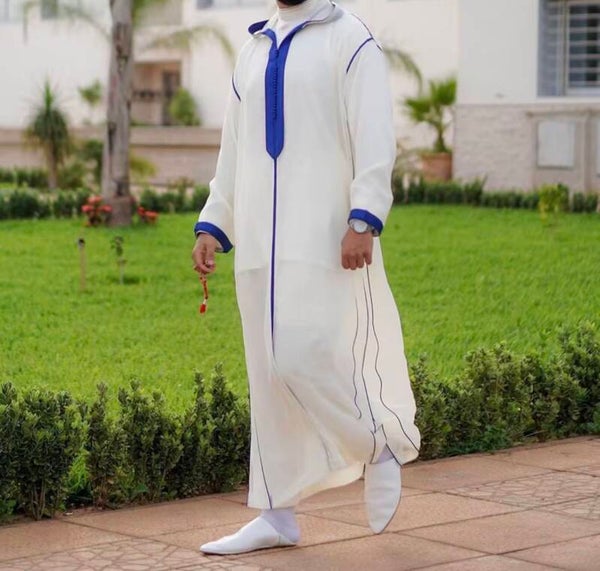 Men’s Muslim Robe Embroidered Cotton Thobe Colorblock Hooded