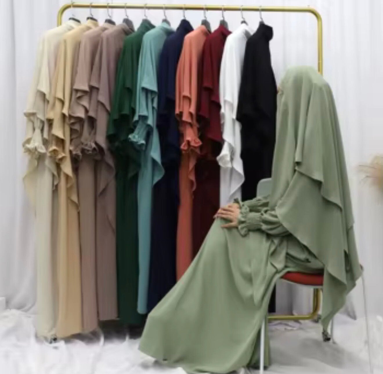 Multi-Color Ruched Sleeve Muslim Abaya and Hijab Set for Women Casual Islam Clothing with Flowy Design