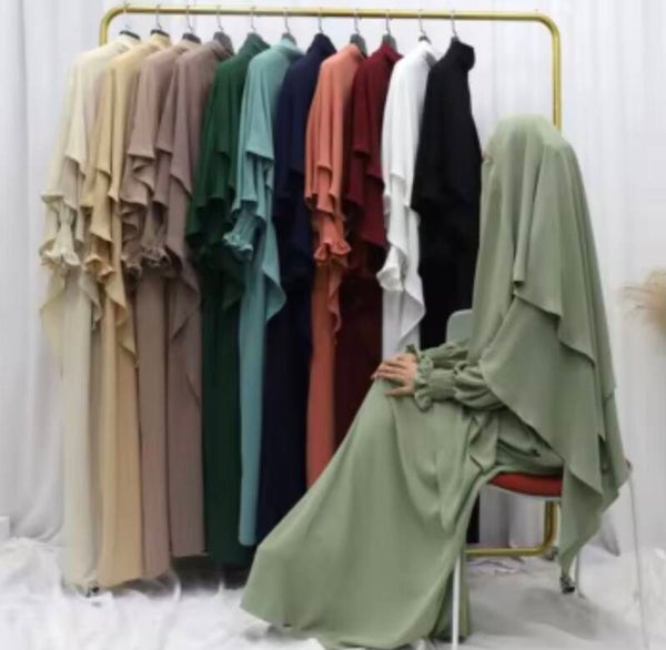 Multi-Color Ruched Sleeve Muslim Abaya and Hijab Set for Women Casual Islam Clothing with Flowy Design