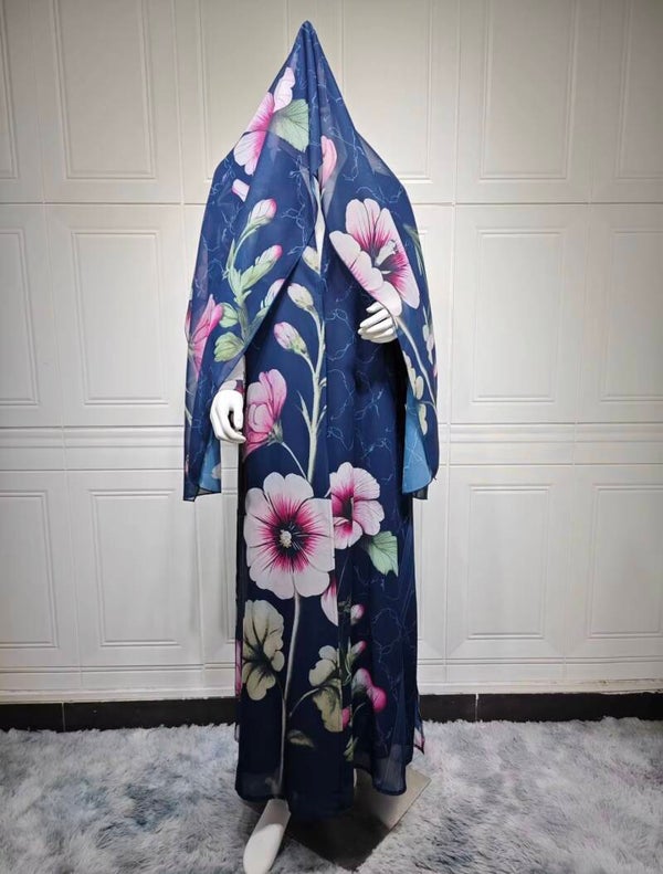 Dubai Luxury Dark Blue Floral Print Chiffon Muslim Open Abaya With Matching Hijab Loose Modest Outfit