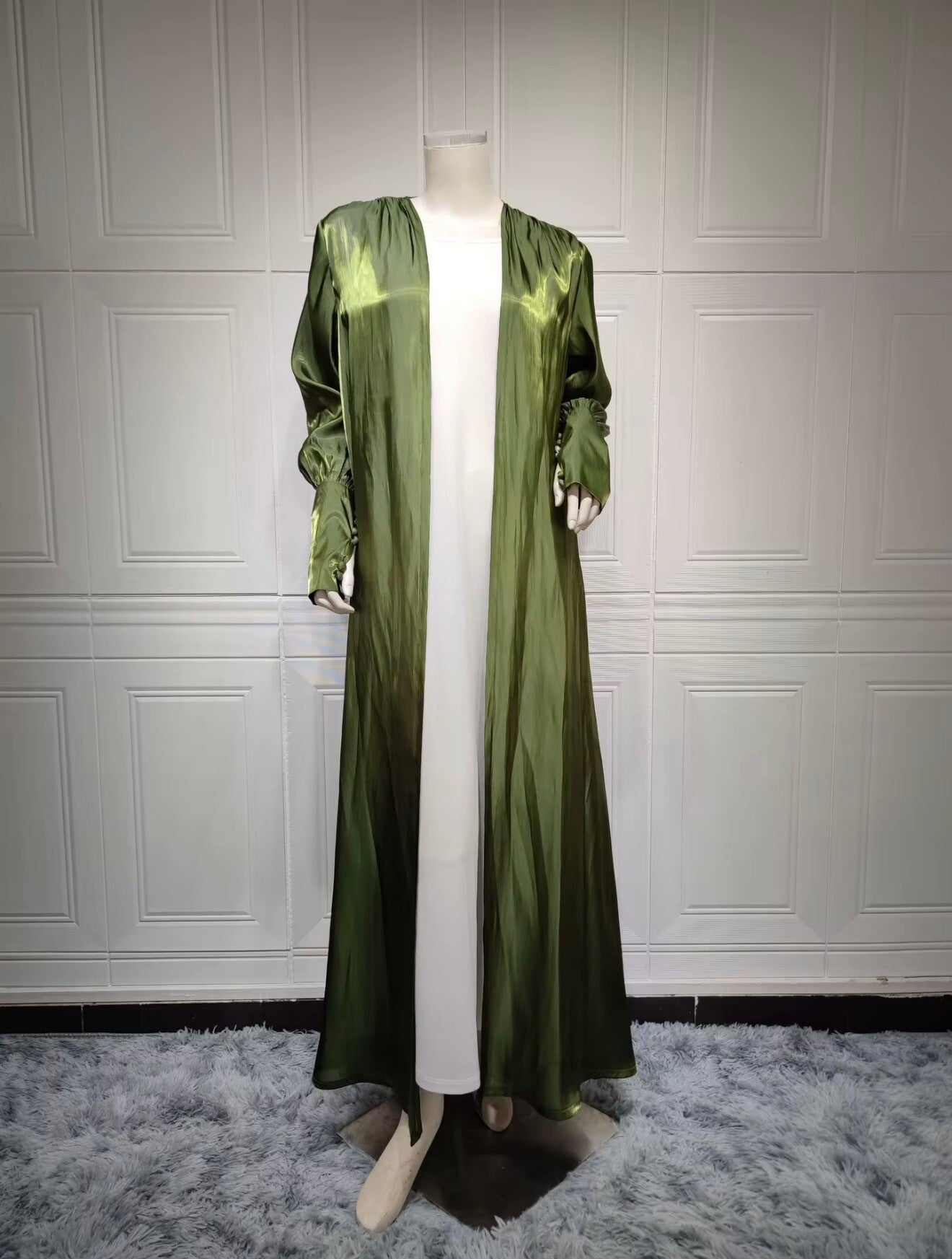 Hafizah 2026 Dubai Luxury Green Satin Puff Sleeve Muslim Open Abaya Modest Kimono