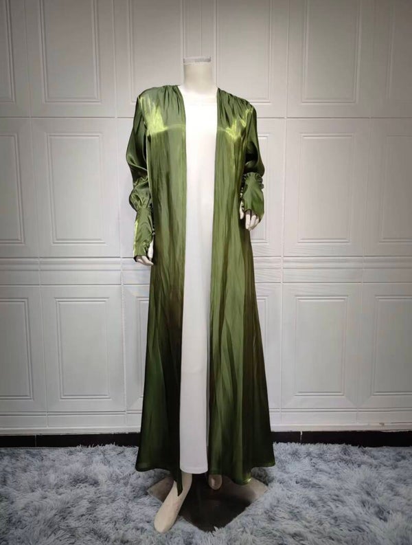 Hafizah 2026 Dubai Luxury Green Satin Puff Sleeve Muslim Open Abaya Modest Kimono