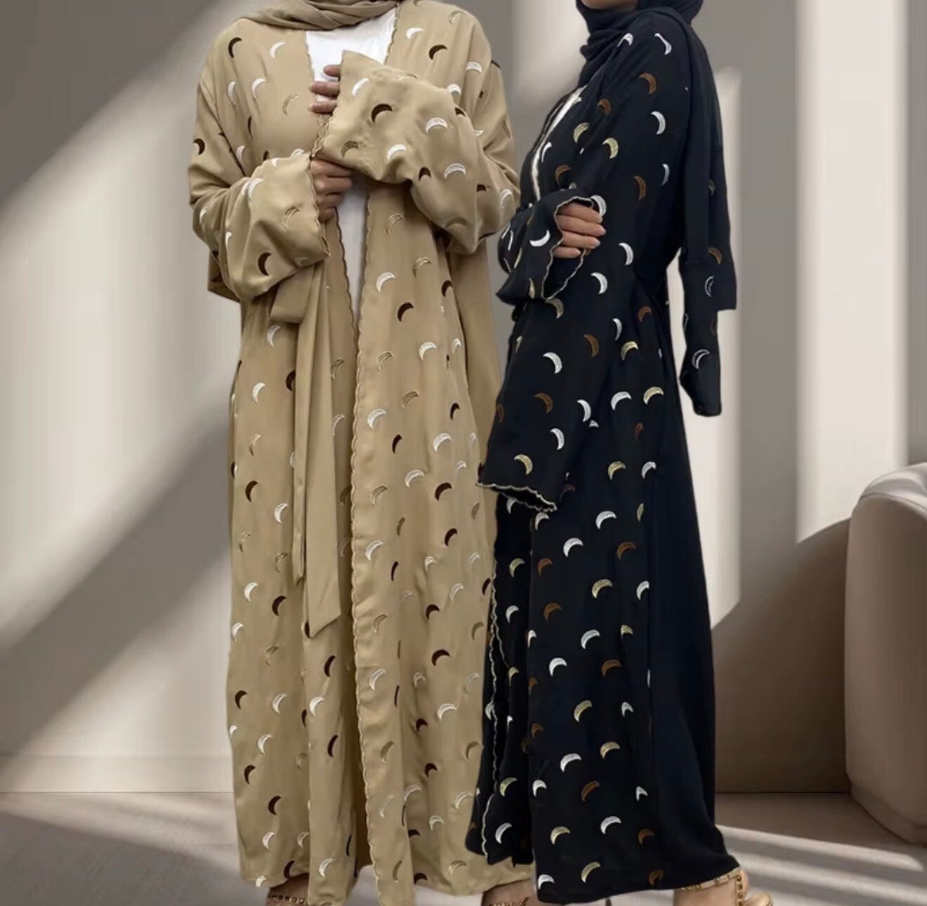 Modest Embroidered Multi Colors Moon Pattern Woman Abaya Outfit with Matching Hijab and side pockets