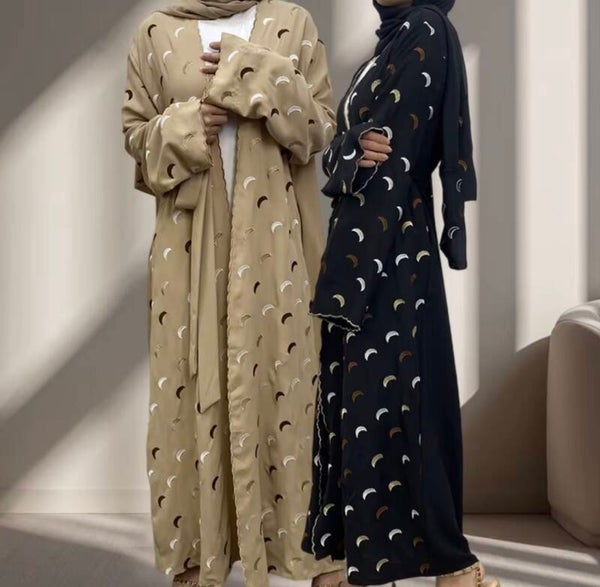 Modest Embroidered Multi Colors Moon Pattern Woman Abaya Outfit with Matching Hijab and side pockets