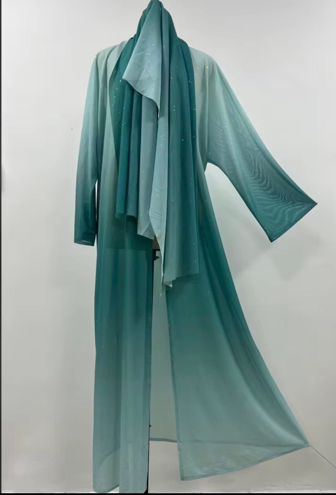 Latest Abaya Designs Dubai Muslims Ombre Abaya Shinny Glitter Open Abaya 2pcs Set Mesh Fabric With Matching Hijab