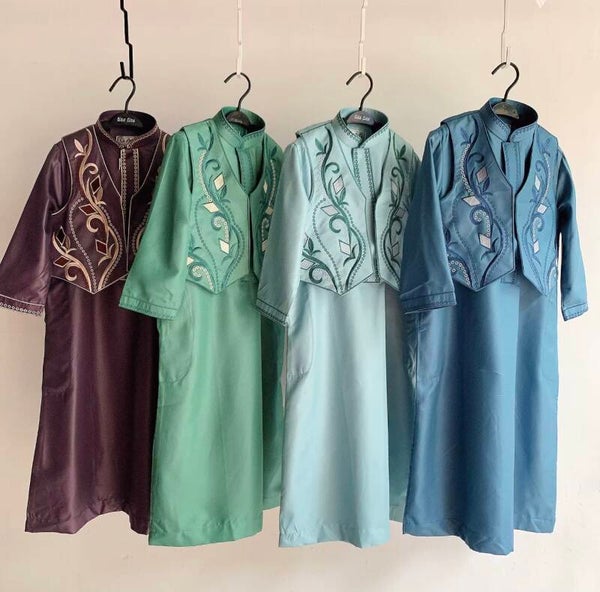 Simple Style Embroidery Dubai Children Two Pieces Set Boys Islamic Clothes Middle East Kids Thobe