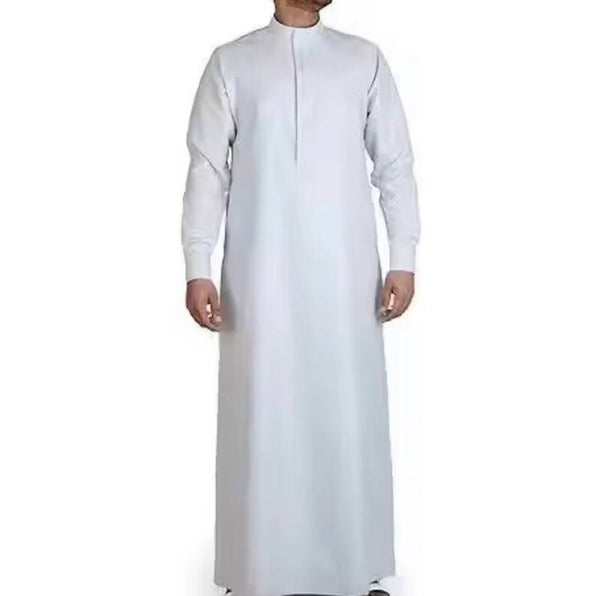 Traditional Men’s Arab Thobe Solid Cotton Linen Abaya Dress Long Sleeves Pockets Casual Ethnic Jubba Style