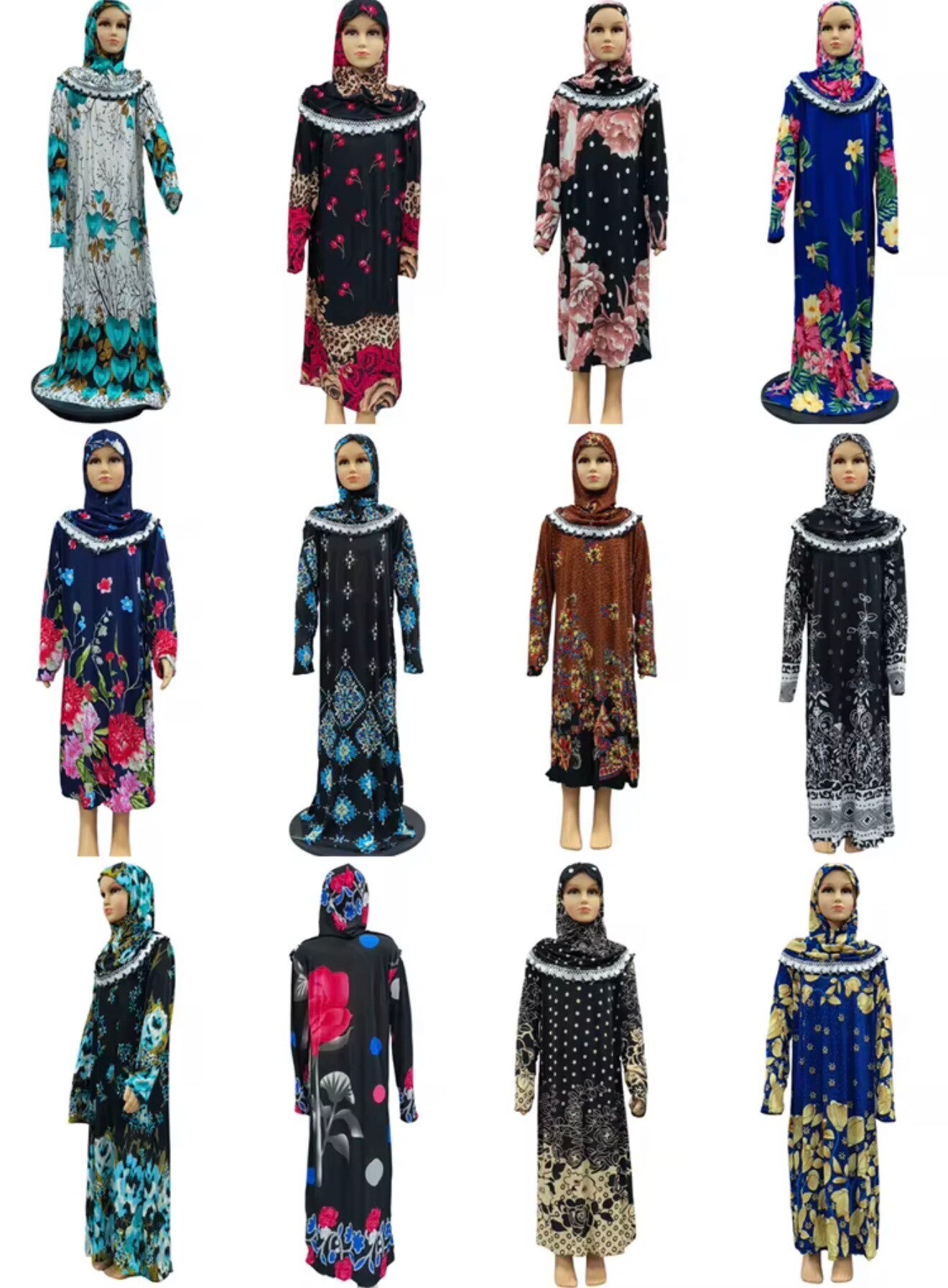 Muslim 1 Piece Girls Hijab Dress Lids Flower Abaya Hijab Khimar Nuqab Burqa Jilbab Islamic  Children Prayer Gown Kaftan Ramadan