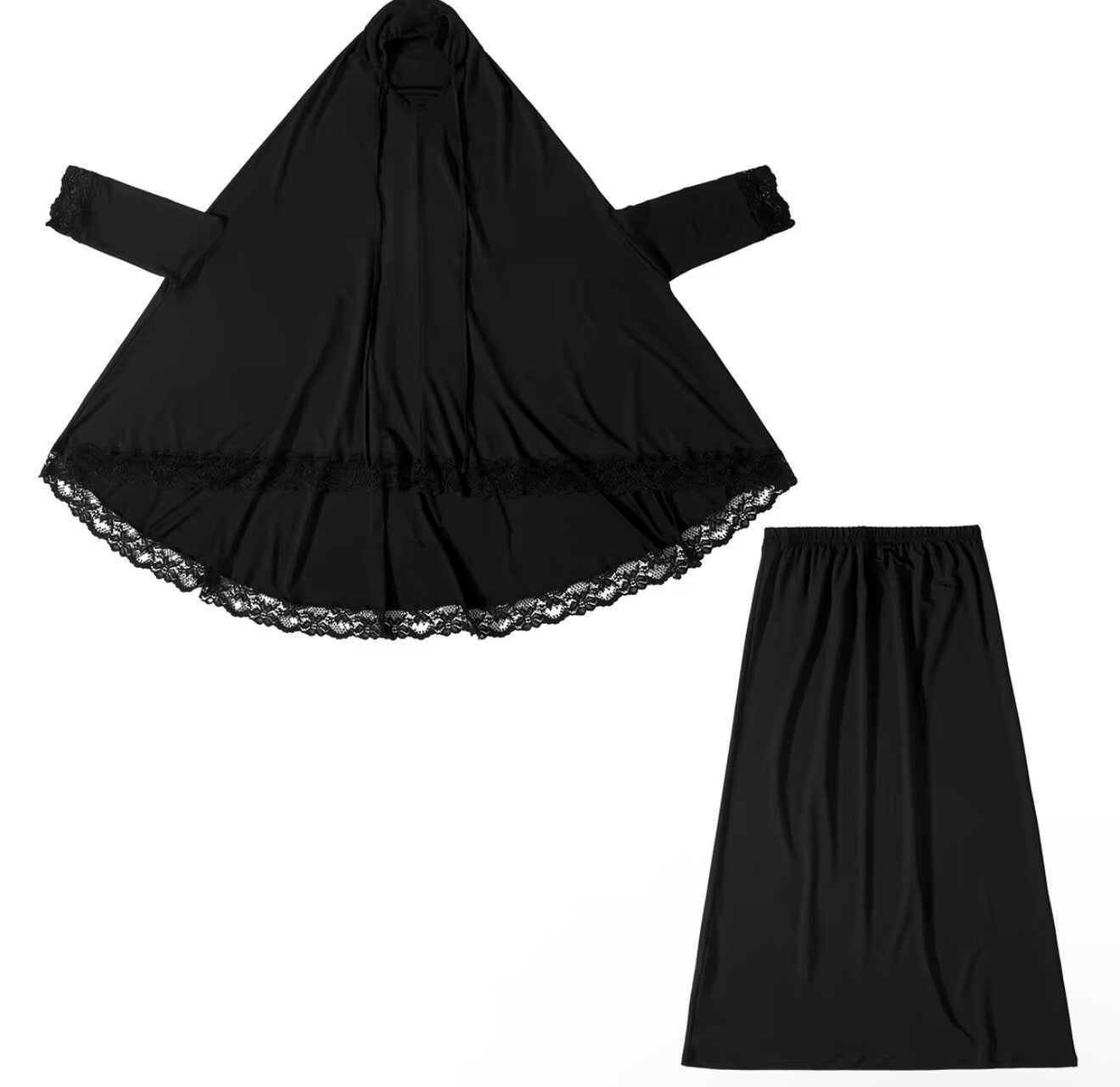 Girls Modest Abaya Set Long Sleeve Floor Length Solid Color Khimar With Lace Hem Polyester Daily Wear Middle East Style