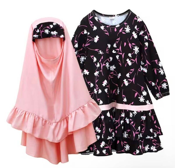 High Quality Promotion Hijab Dress Muslim Islamic Clothing Floral Printed Khimar Abaya 2 Piece Kids Abaya for Girls