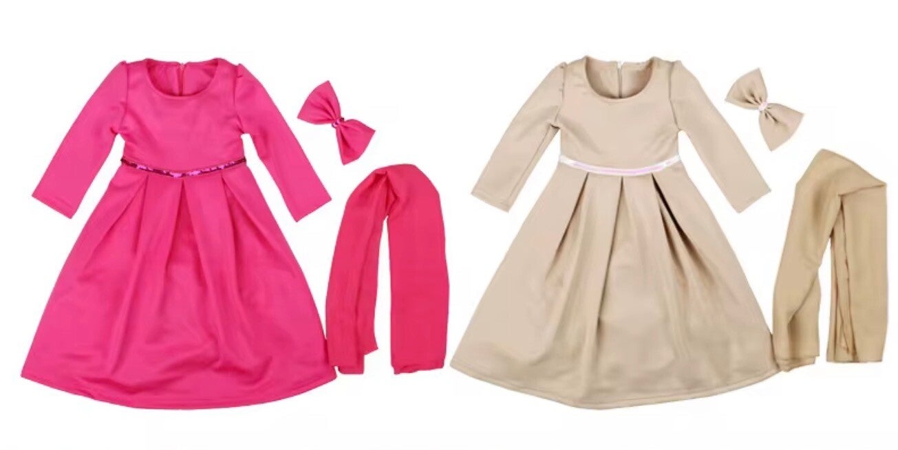 Arab Dubai Girls 3 Piece Long Sleeve Round Neck Dress Bow Hijab Set Eid Muslim Islamic Clothes Abaya for Kids