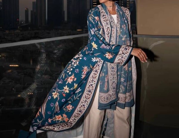 Summer Color Open Front Printed Floral Abaya and Scarf Set Elegant Flower Stylish Abaya Pattern for Girls with Hijab Dubai