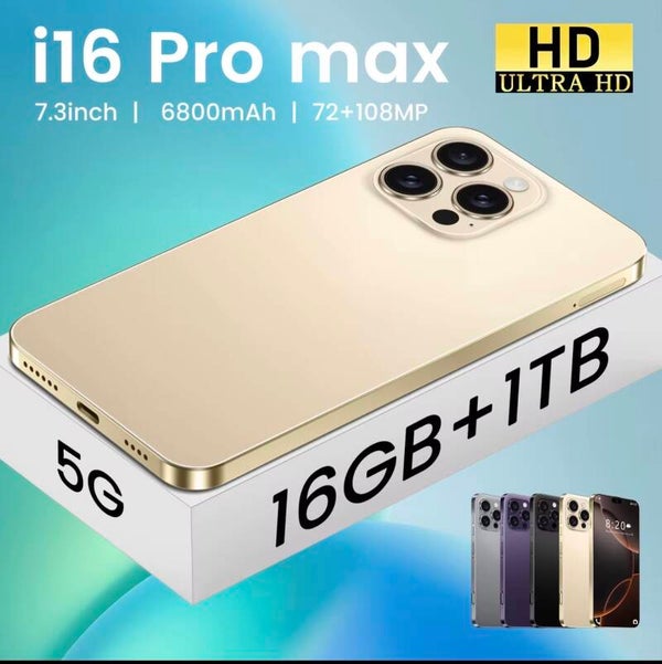 Brand New I16 Pro Max Smartphone with 16 GB 1TB 7.3-inch Large Screen, Dual SIM Cards, Facial Recognition Unlock