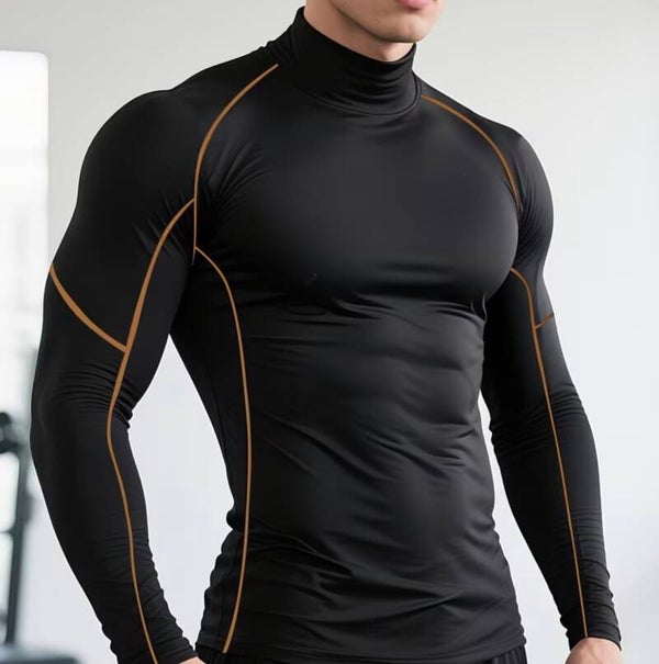Men’s Quick-Dry Stretch Fitness Shirt- High Neck Long Sleeve Workout Top, Tight-Fit Gym & Boxing Shirt for All Seasons, Moisture-Wicking Athletic Performance Apparel, Gym Clothes, Training Top, Sporty Look, Stretchy Fabric, Active wear Top, Active Men