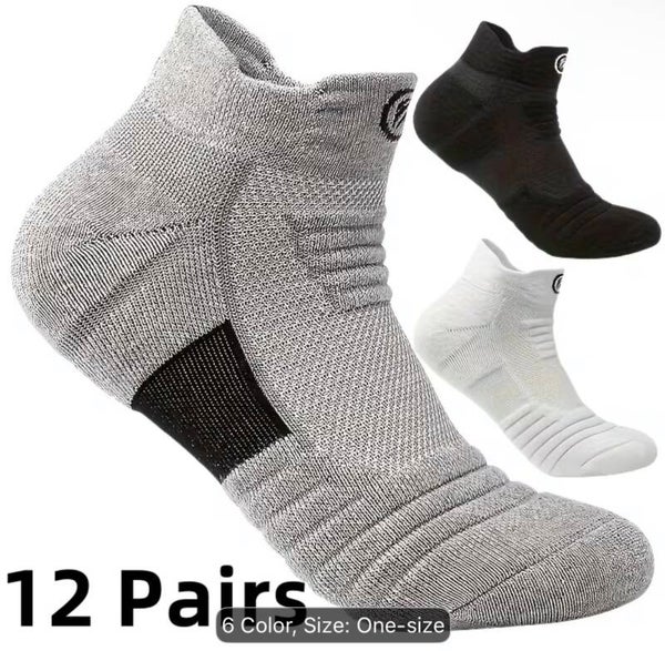 12 Pairs of Men’s Thick Towel Fabric Sole Anti-slip and Moisture- absorbing Sports Socks, with Cushioning and Breathable Design, Suitable for Marathon, Outdoor Sports, Casual Wear, Sporty Style, Enhanced Stitching, and an Active Lifestyle