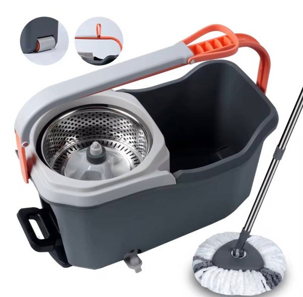 Heavy Duty 360 Spin Mop and Bucket Set with Wheels Pedal Stainless Steel Basket for Floor Cleaning System